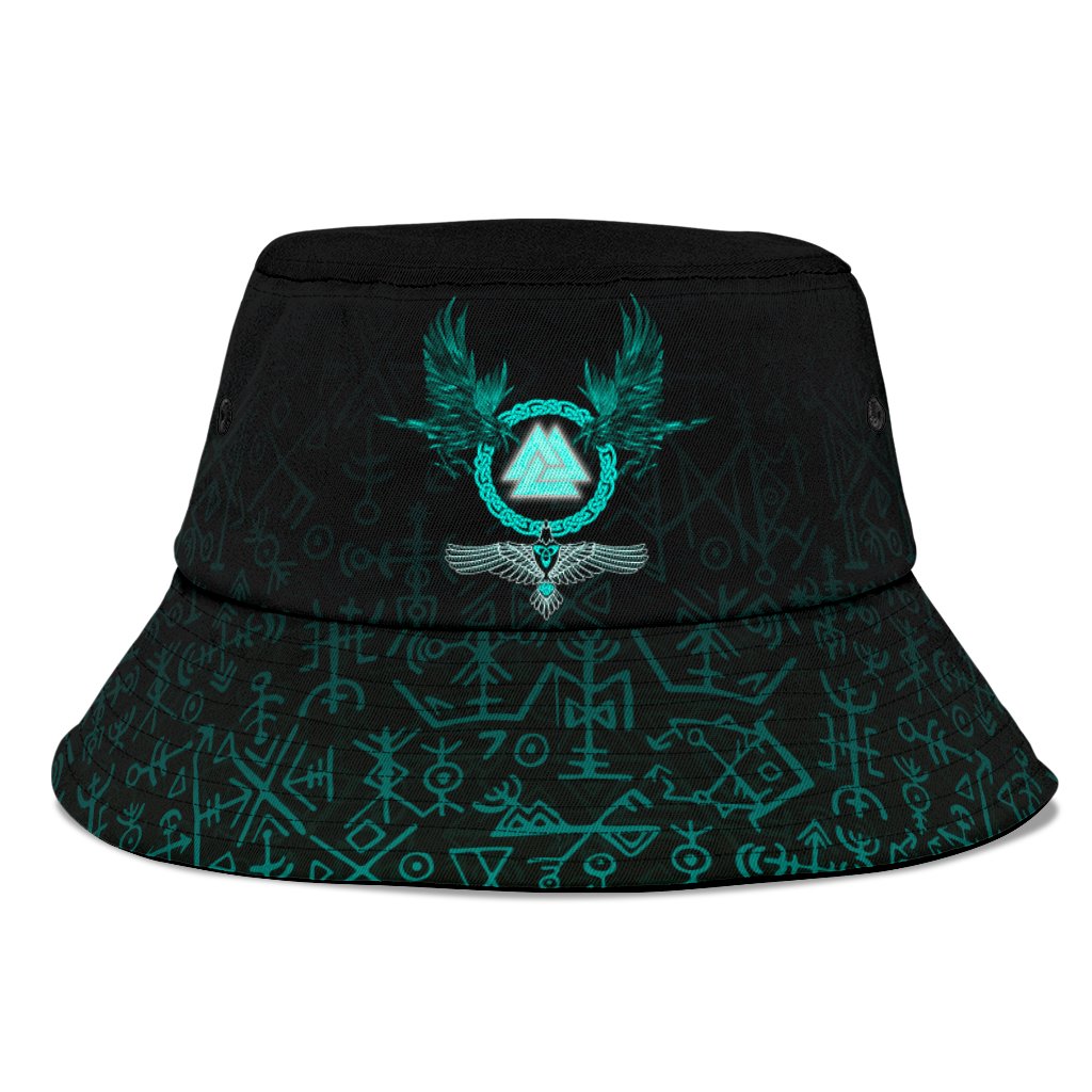 Viking Bucket Hat Three Raven and Valknut Cyan RLT12
