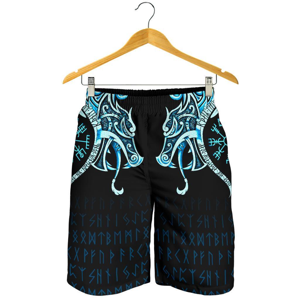 Viking Men's Shorts, Fenrir Raven and Vegvisir Tattoo Cyan RLT12