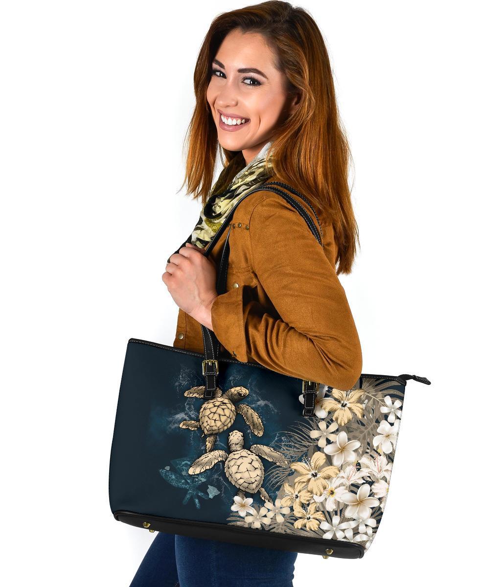 Kanaka Maoli (Hawaiian) Leather Tote - Sea Turtle Tropical Hibiscus and Plumeria Gold
