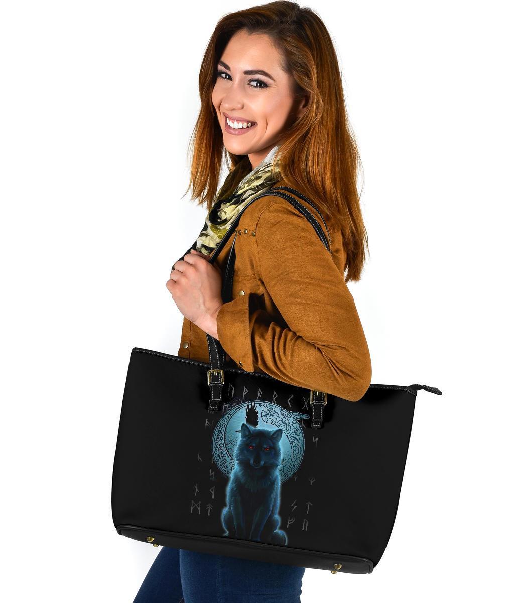 Viking Large Leather Tote Bag, Fenrir Viking Wolf and Moon RLT12
