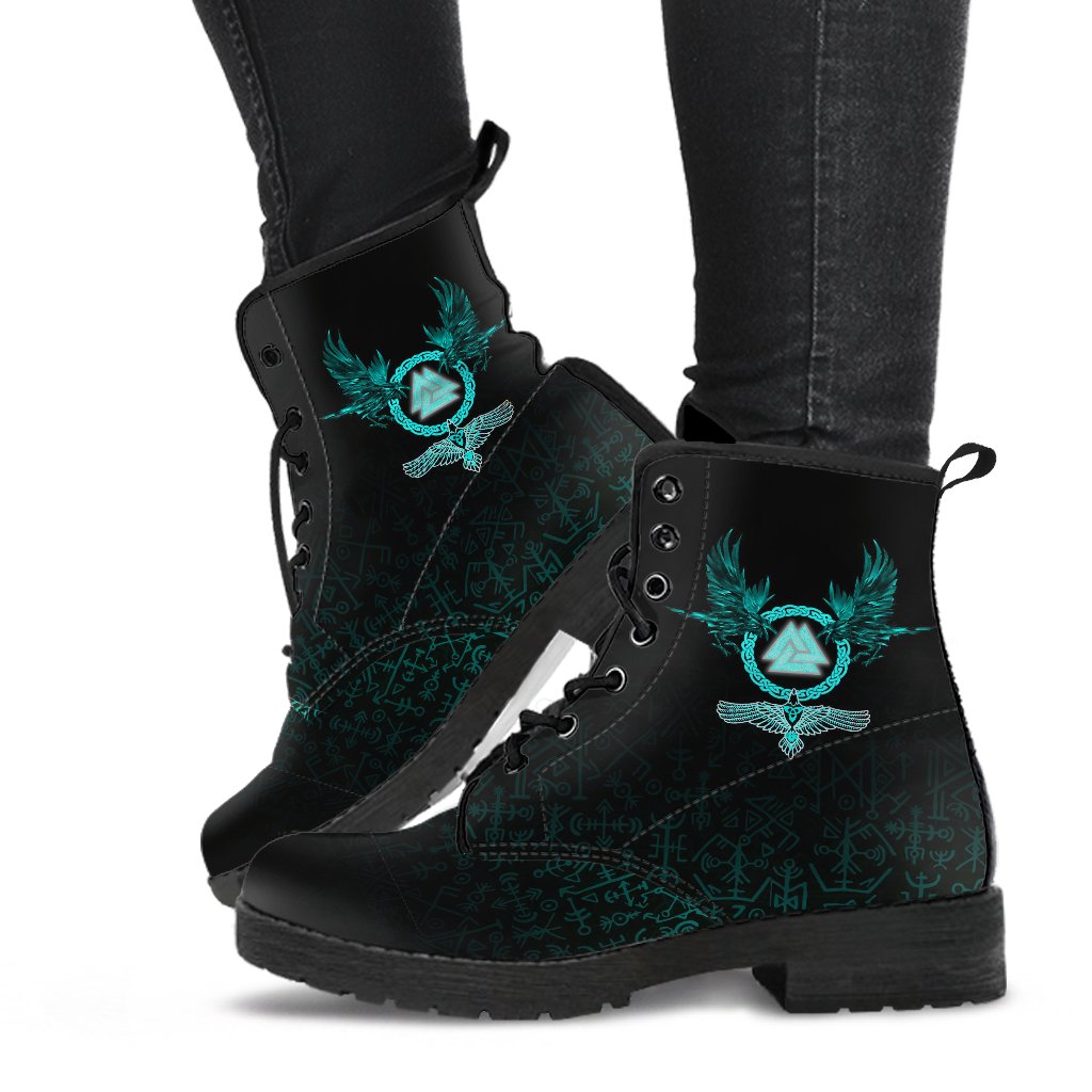Viking Leather Boots Three Raven and Valknut Cyan RLT12