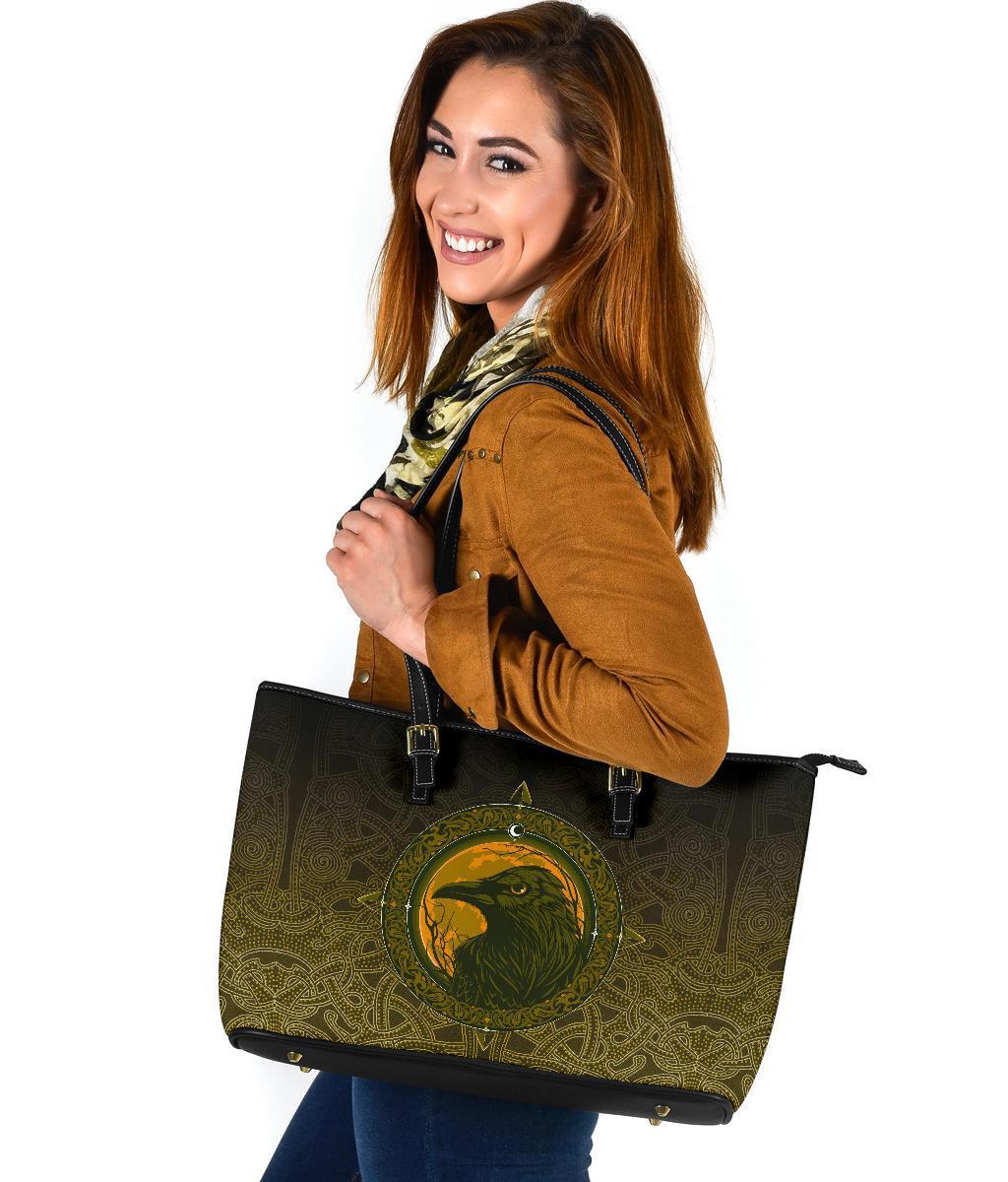 Viking Large Leather Tote Bag, Ethnic Odin Raven Gold RLT12