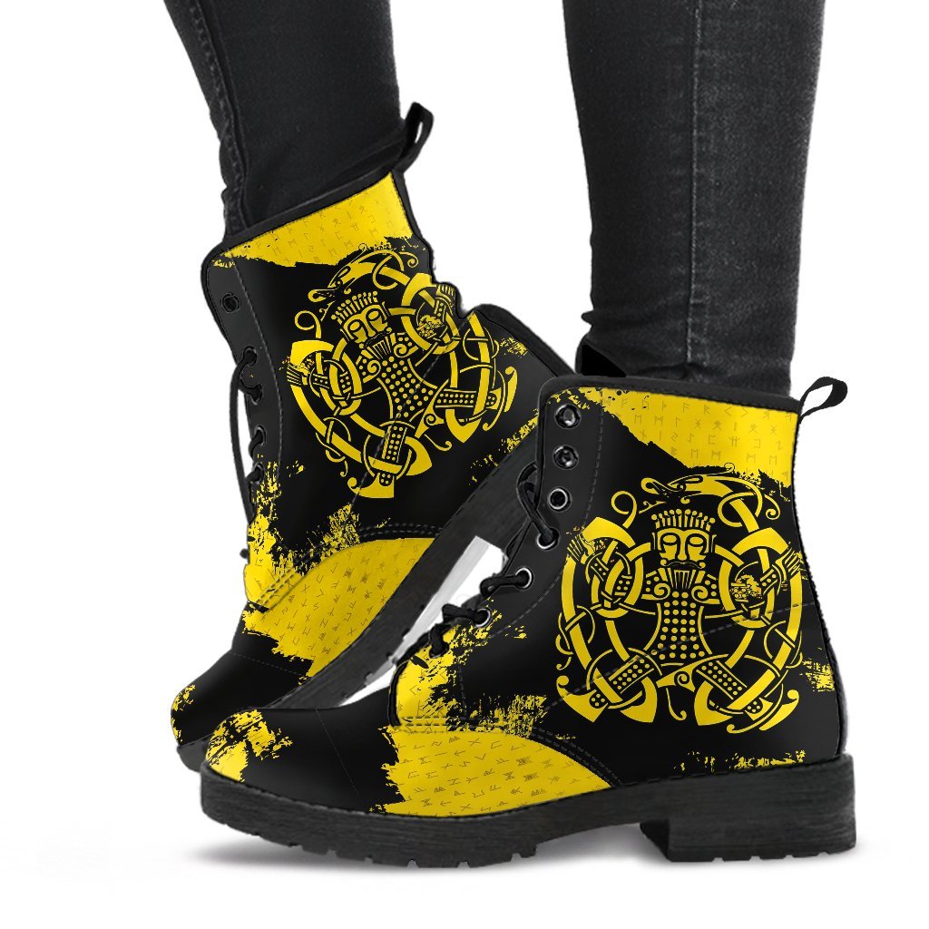 Viking Leather Boots, Loki Bound Triskele Rune Gold RLT12