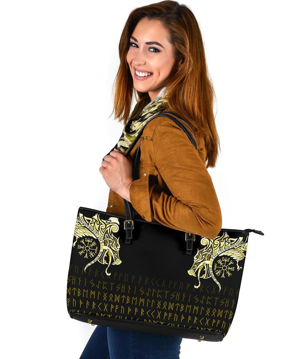 Viking Large Leather Tote, Fenrir Raven and Vegvisir Tattoo Yellow RLT12