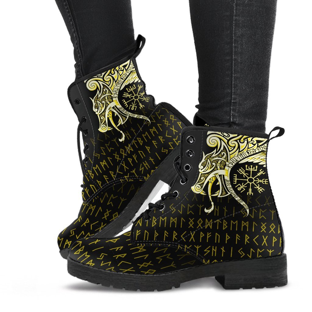 Viking Leather Boots, Fenrir Raven and Vegvisir Tattoo Yellow RLT12