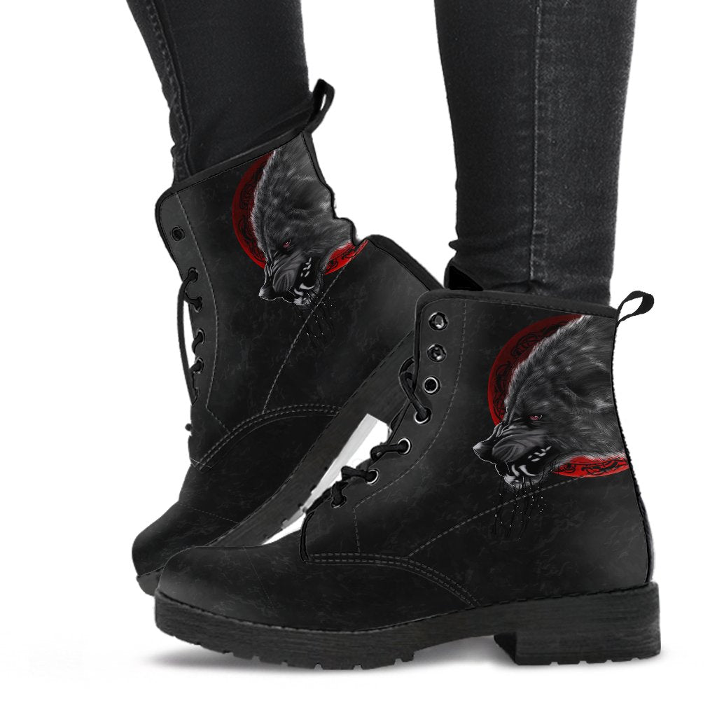 Viking Leather Boots Wolf and Blood Moon RLT12