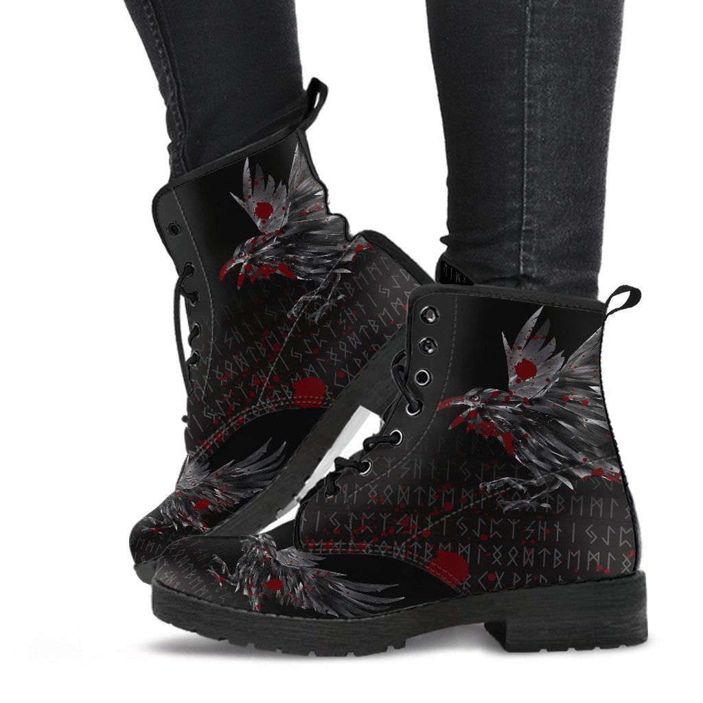 Viking Leather Boots Odin Huginn and Muninn Rune Blood RLT12