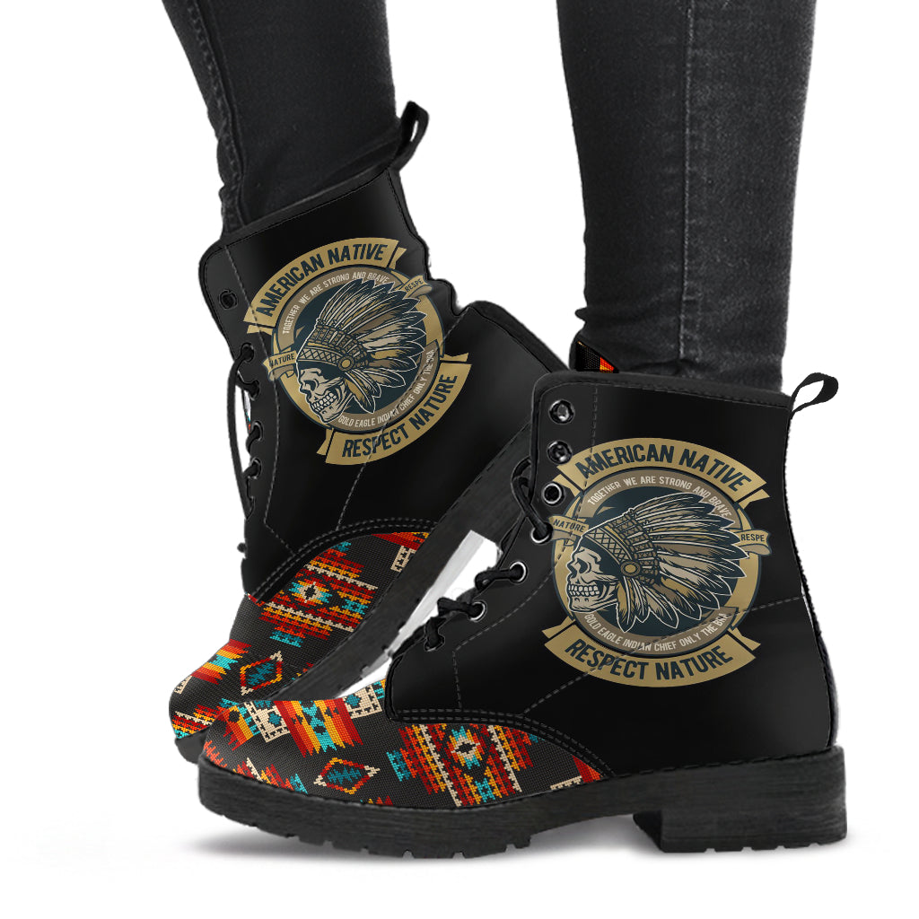 Skull Black Pattern Native American Leather Boots LT10