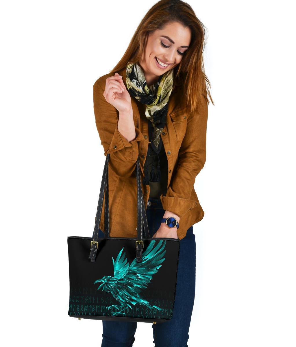 Viking Small Leather Tote Bag - The Raven Of Odin Rune Cyan RLT12