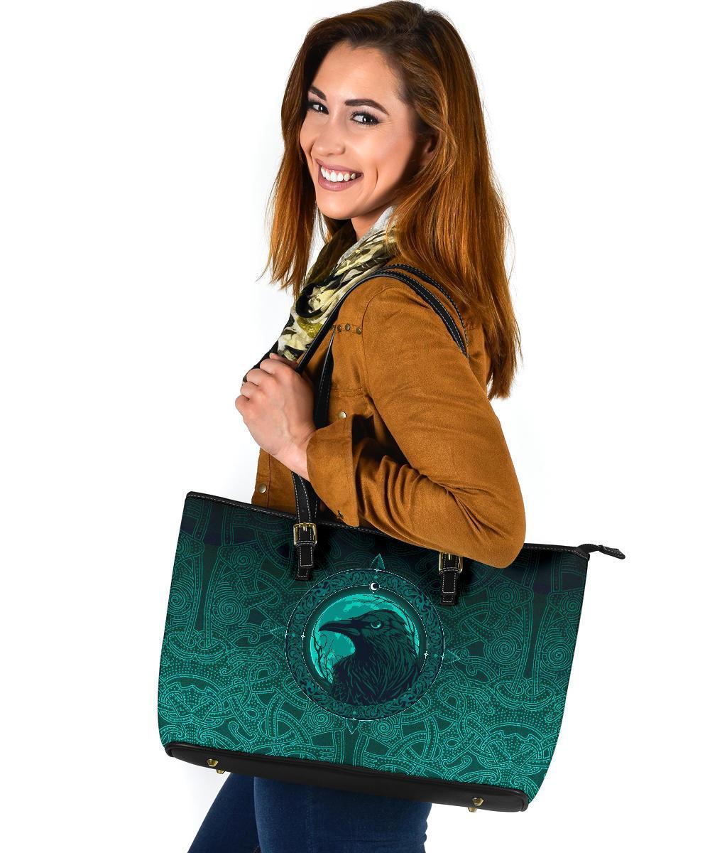Viking Large Leather Tote Bag, Ethnic Odin Raven Cyan RLT12