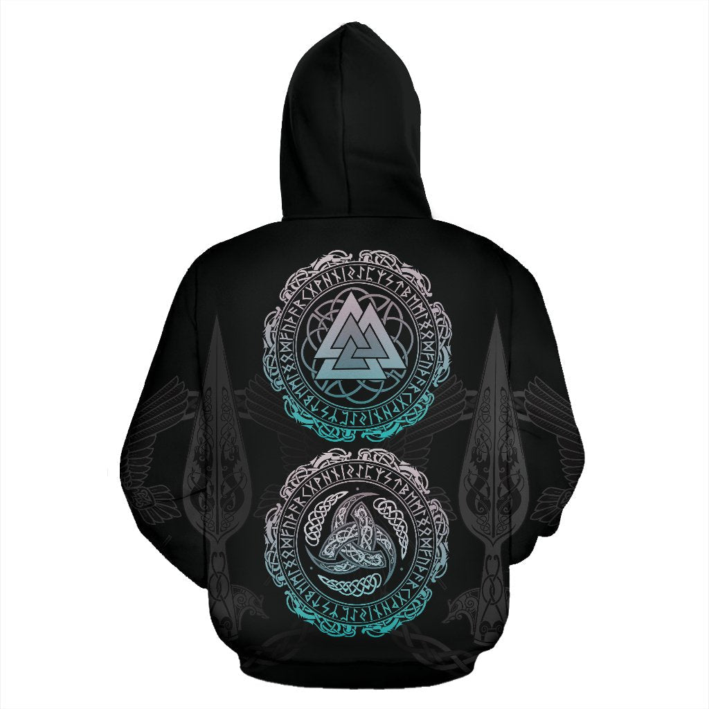 Viking Pullover Hoodie - Odin Valknut and Triple Horn RLT12