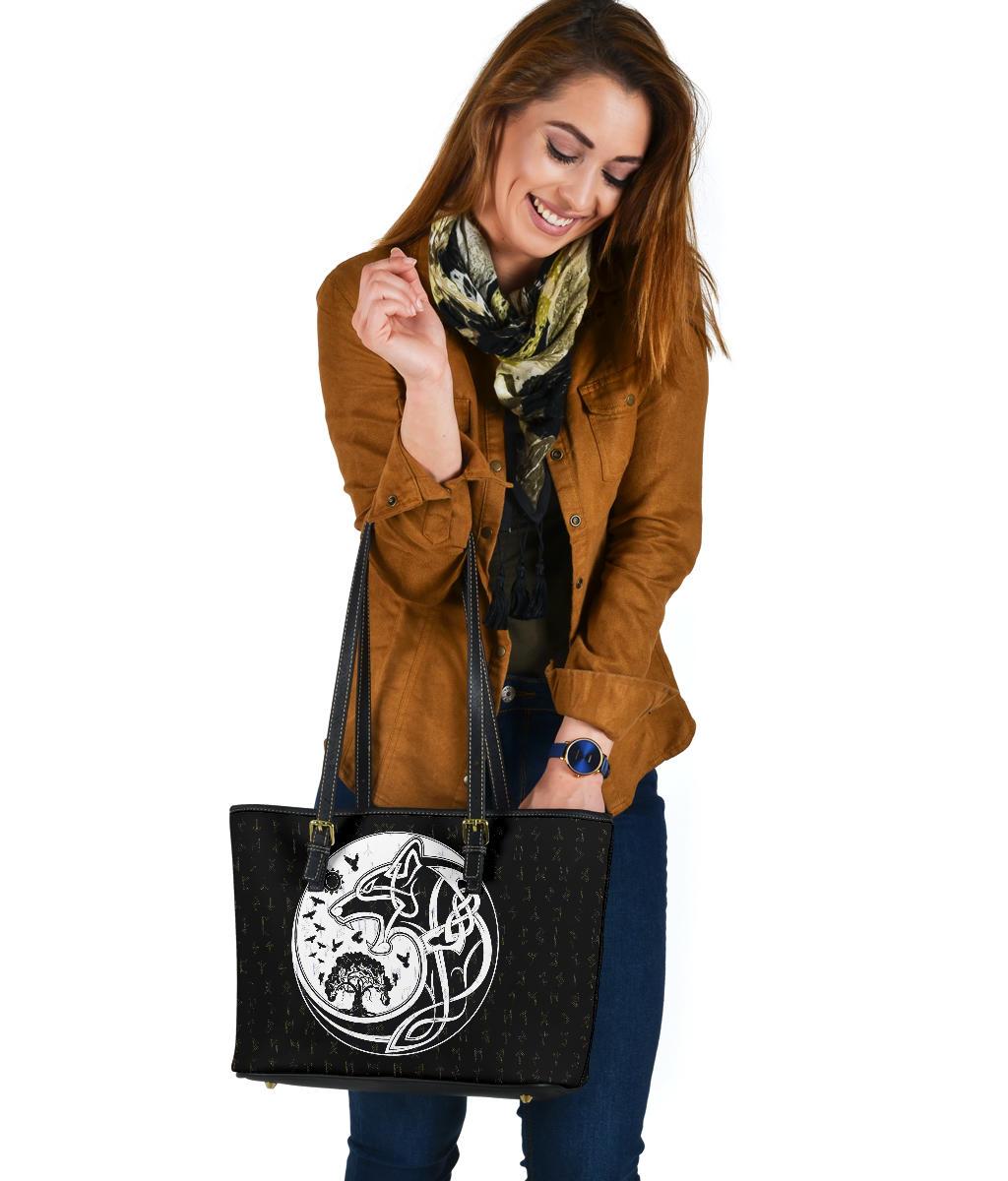 Viking Small Leather Tote Bag, Skoll and Hati Rune Tattoo RLT12