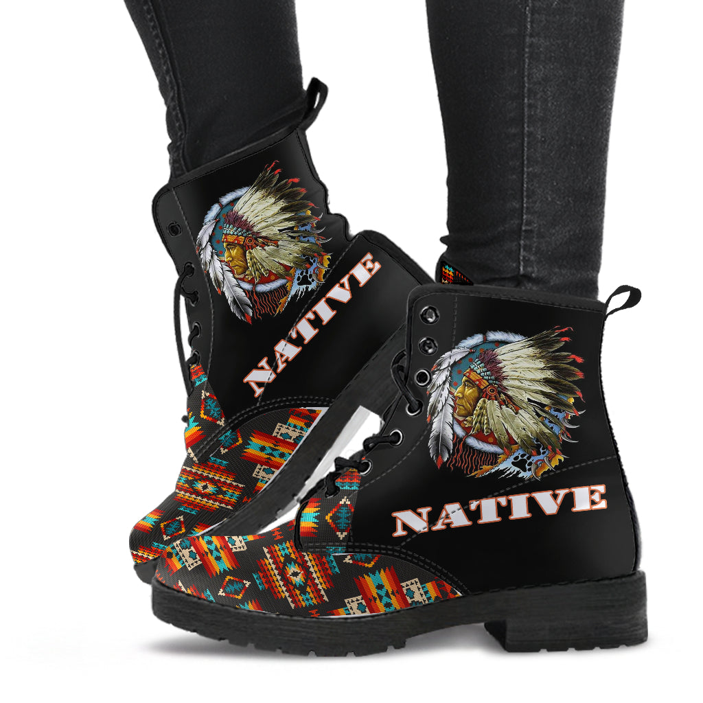 Black Pattern Native American Leather Boots LT10