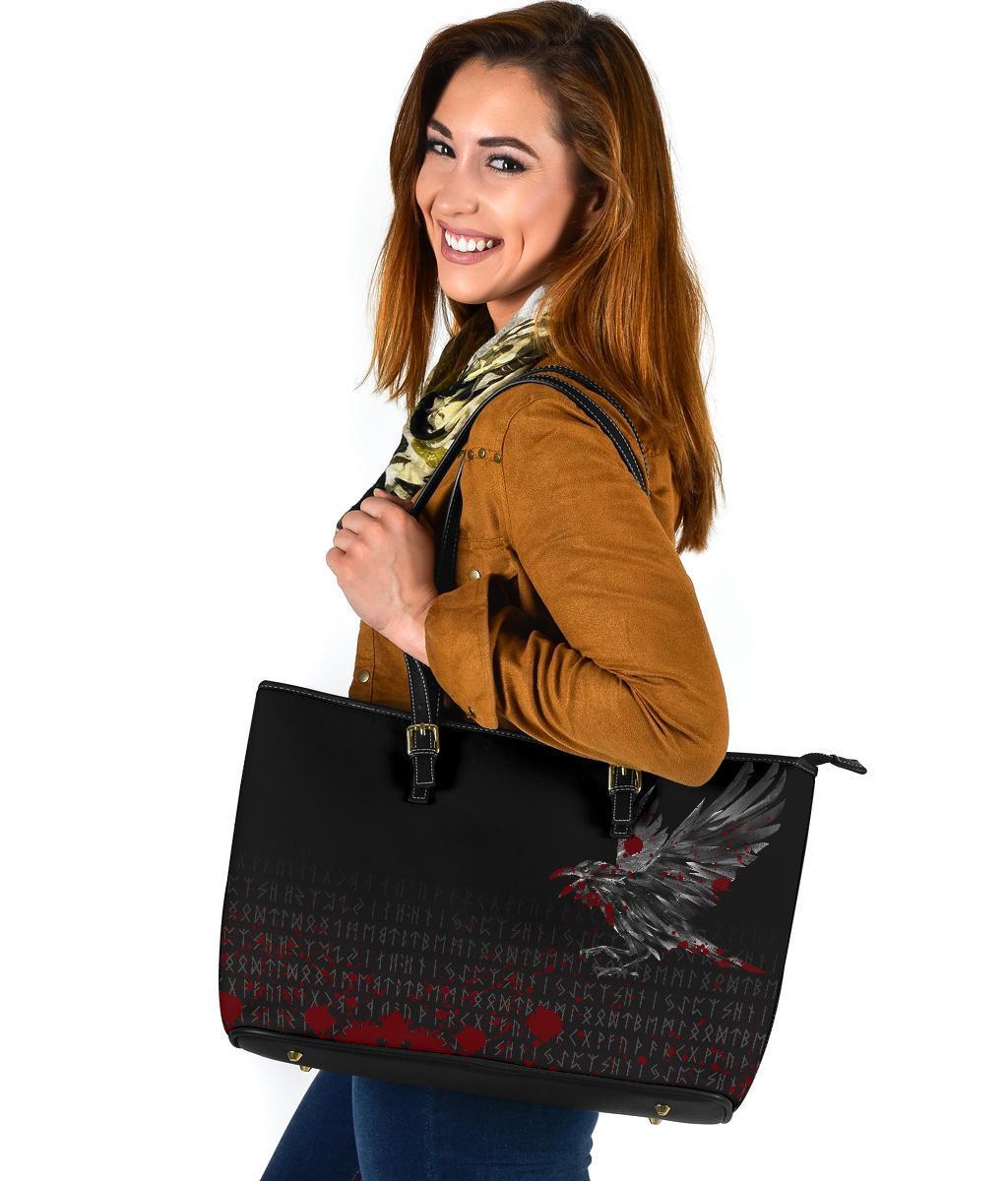 Viking Large Leather Tote Bag The Raven Of Odin Rune Blood RLT12