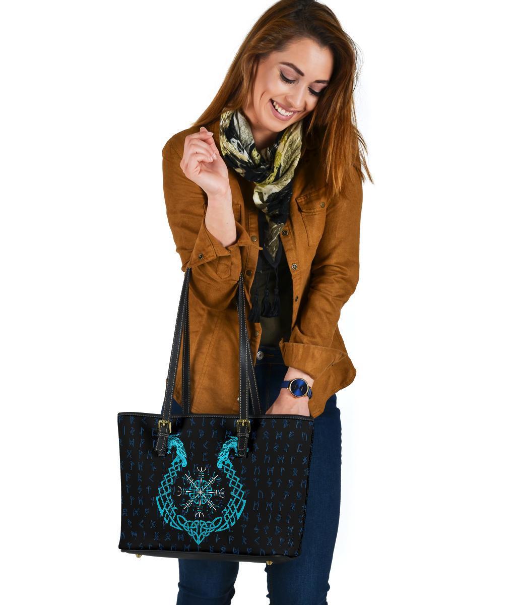Viking Small Leather Tote Bag, Aegishjalmur Helm Of Awe Blue Edition RLT12