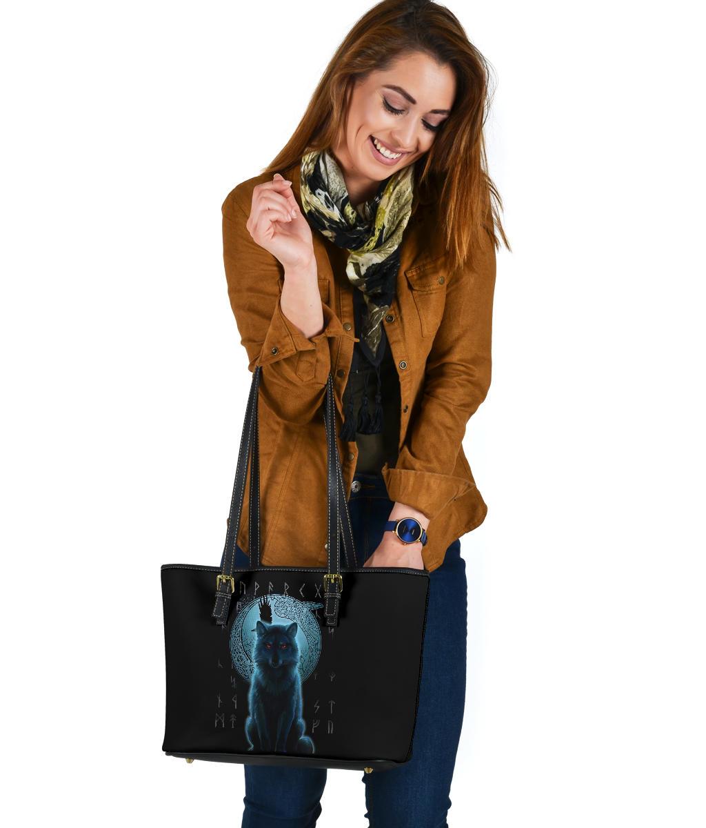 Viking Small Leather Tote Bag, Fenrir Viking Wolf and Moon RLT12