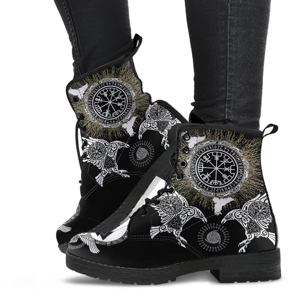 Viking Leather Boots Raven, Valknut and Vegvisir RLT12