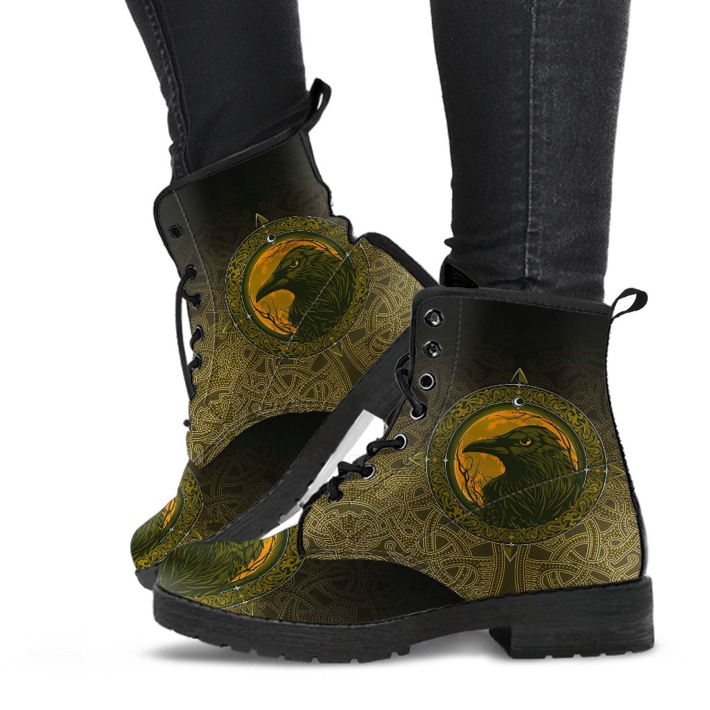 Viking Leather Boots, Ethnic Odin Raven Gold RLT12