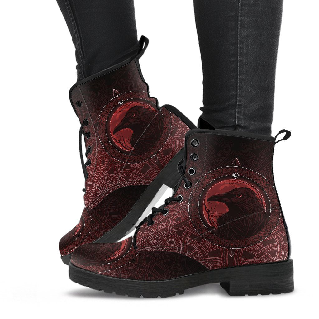 Viking Leather Boots, Ethnic Odin Raven Red RLT12