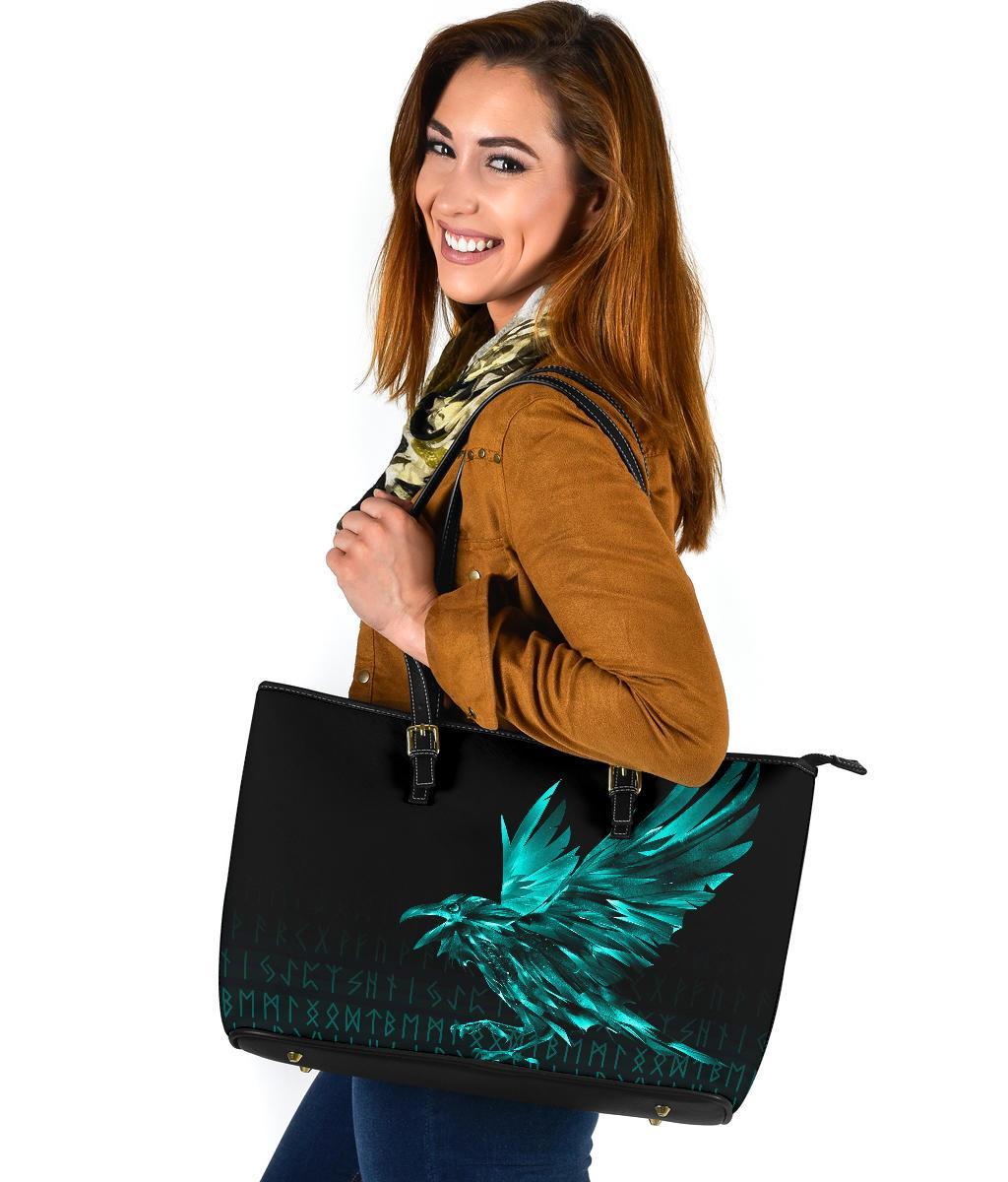 Viking Larger Leather Tote Bag The Raven Of Odin Rune Cyan RLT12