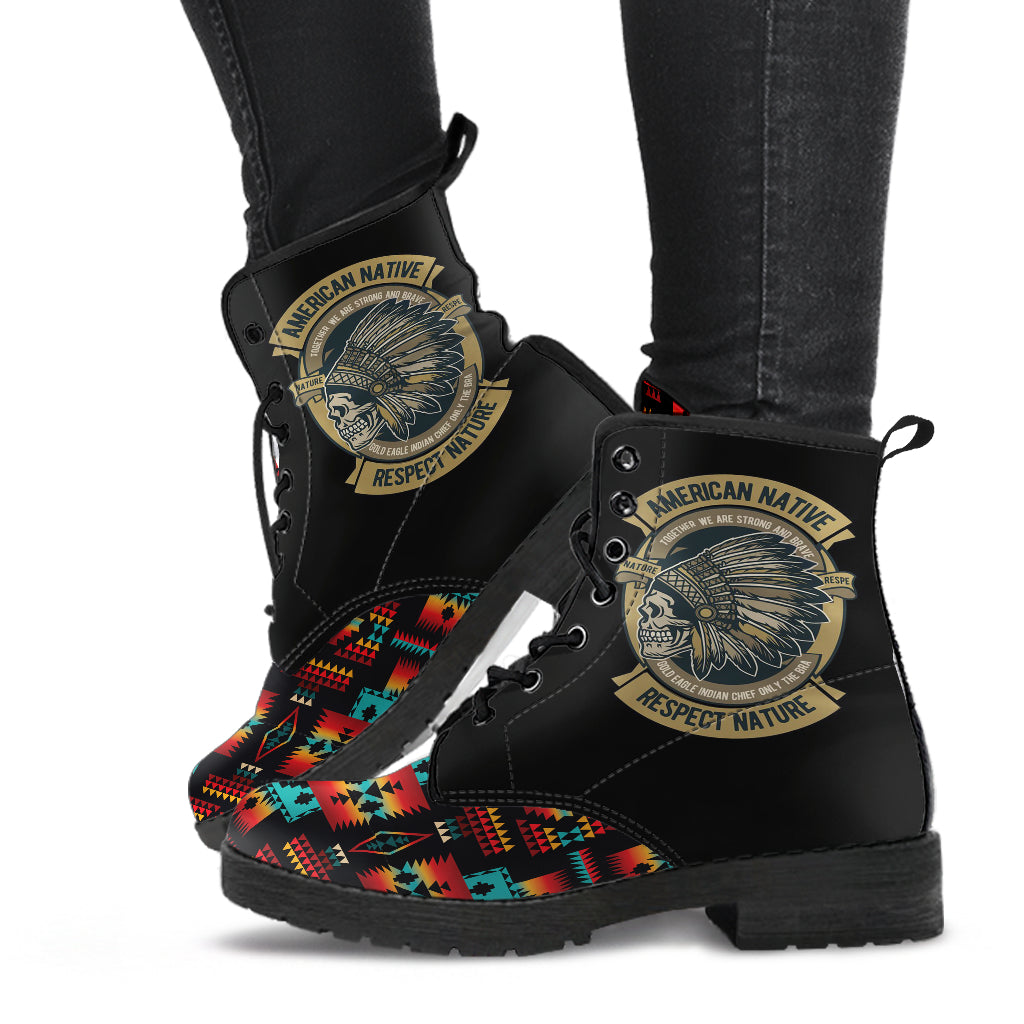 Skull Black Native American Tribes Pattern Leather Boots LT10