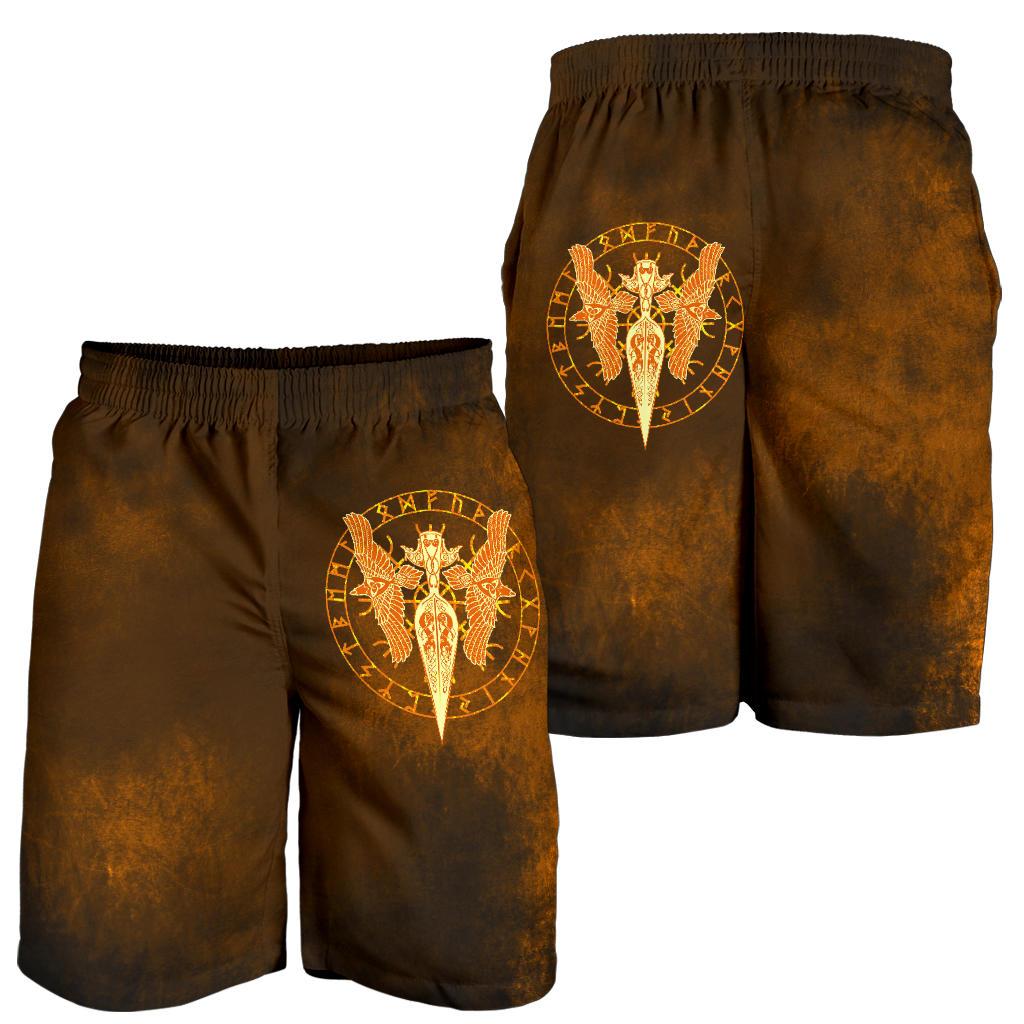 Viking All Over Print Men's Shorts Gold Spear Of The God Odin Gungnir and Two Gold Ravens RLT12