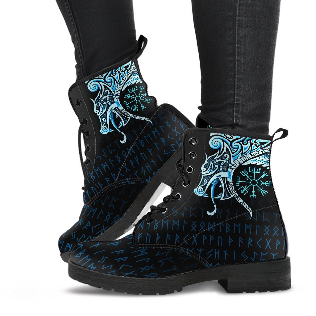 Viking Leather Boots, Fenrir Raven and Vegvisir Tattoo Cyan RLT12