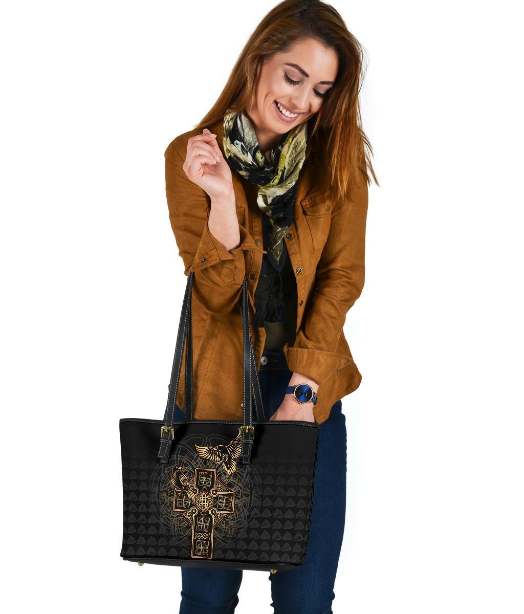 Viking Small Leather Tote - Odin's Celtic Raven Tattoo RLT12