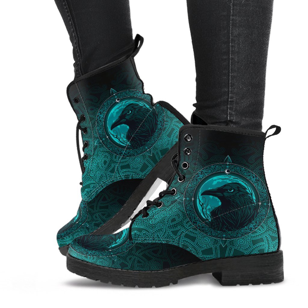 Viking Leather Boots, Ethnic Odin Raven Cyan RLT12