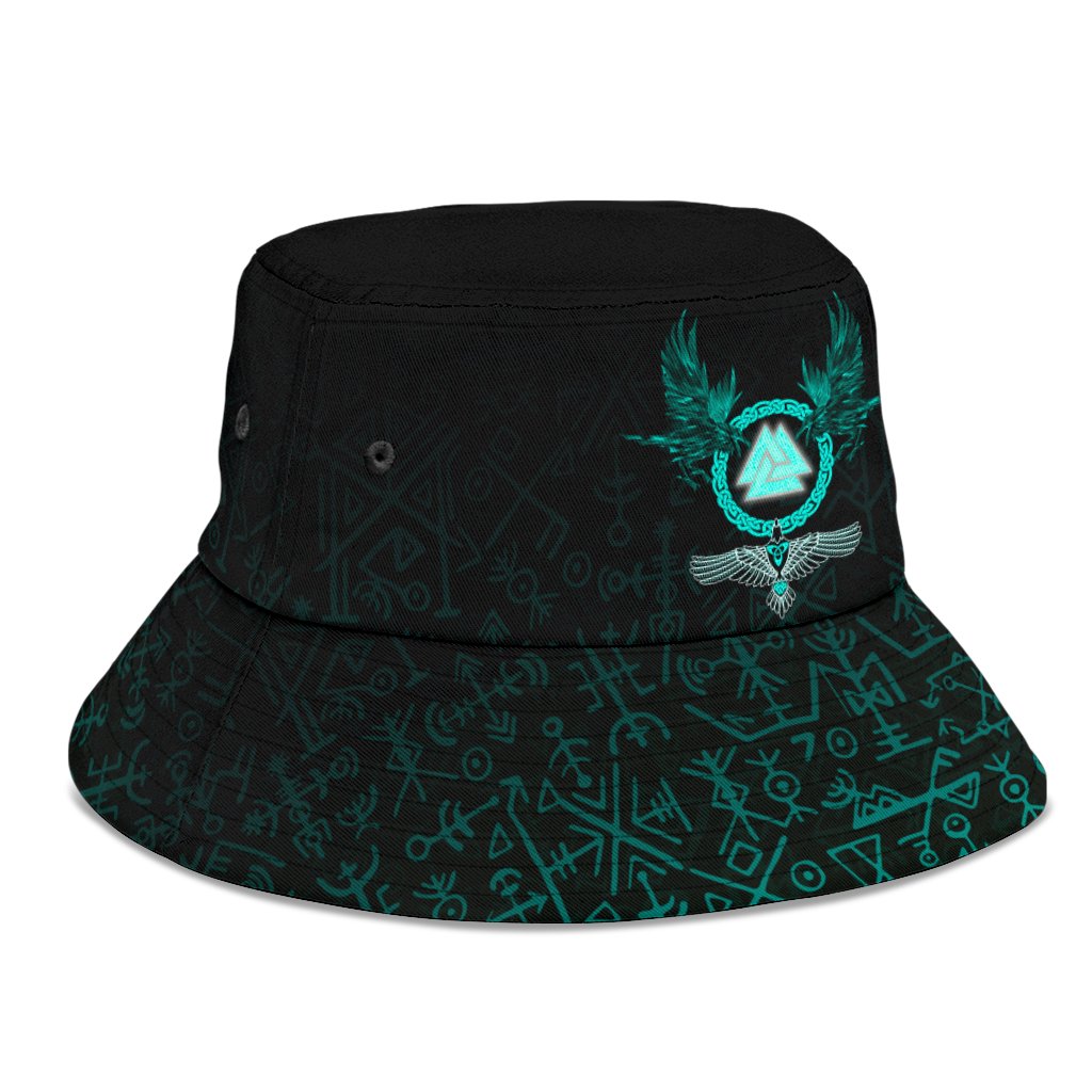 Viking Bucket Hat Three Raven and Valknut Cyan RLT12
