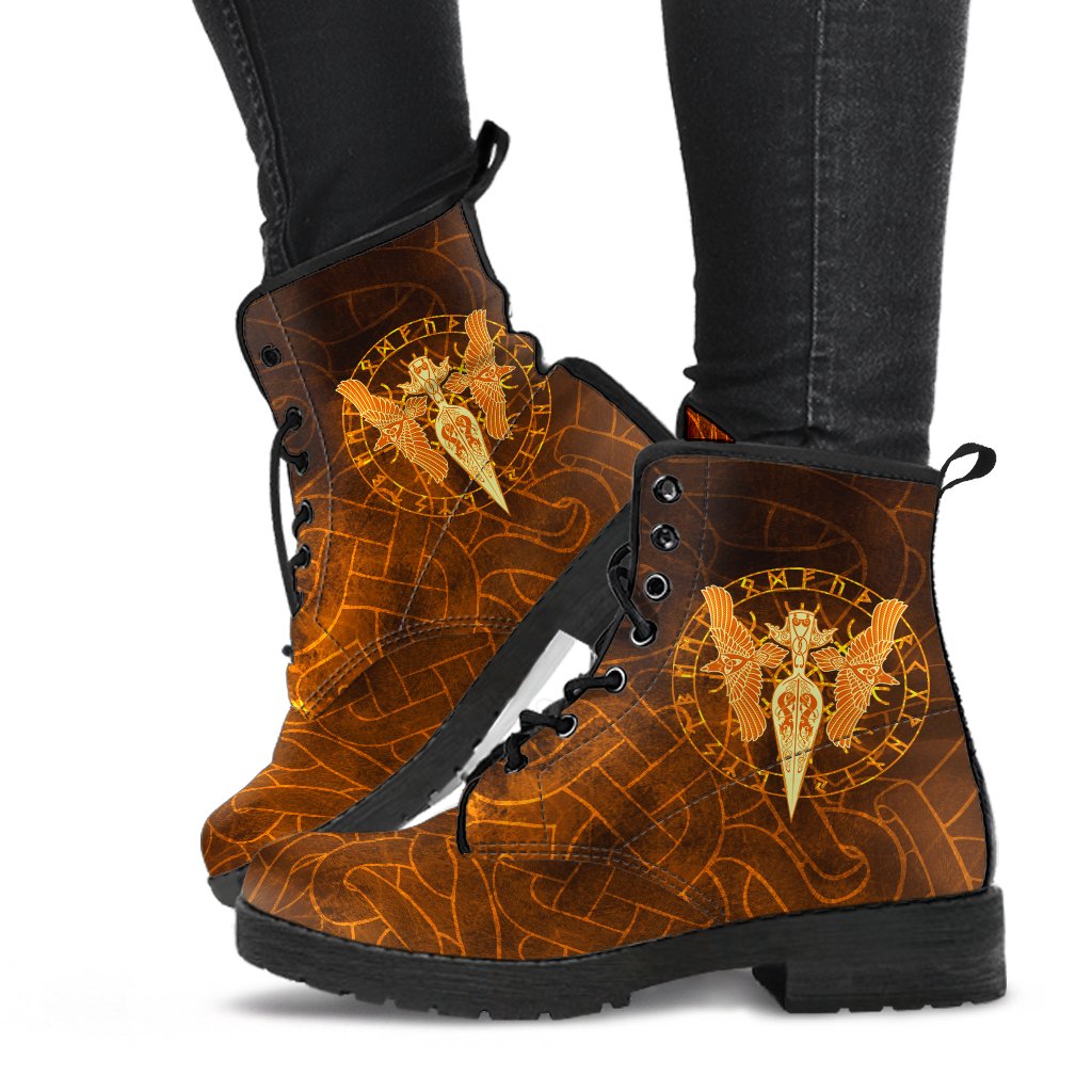 Viking Leather Boots Gold Spear Of The God Odin Gungnir and Two Gold Ravens RLT12