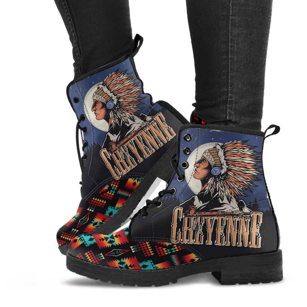 Chief Black Native Tribes Pattern Native American Leather Boot LT10