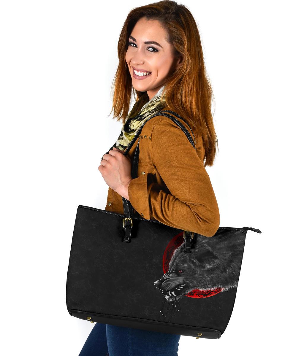 Viking Large Leather Tote Wolf and Blood Moon RLT12
