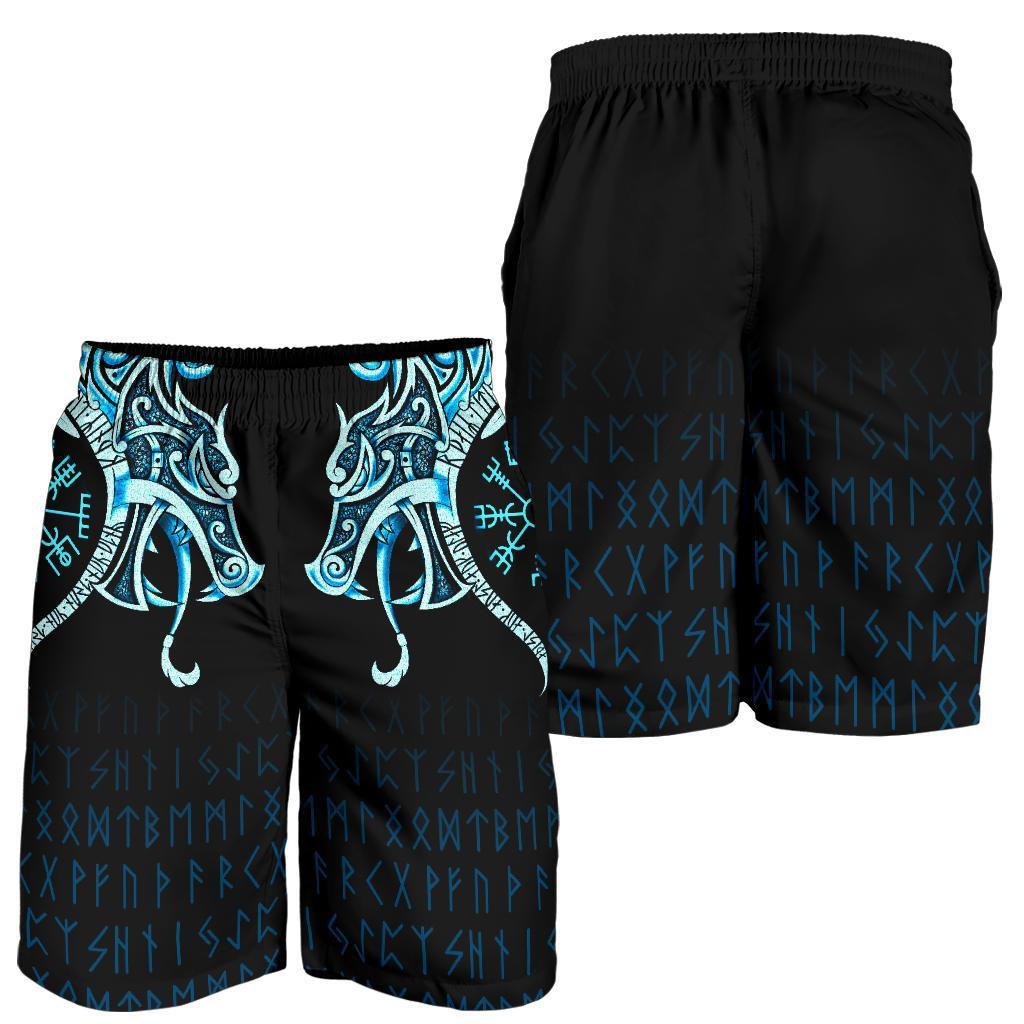 Viking Men's Shorts, Fenrir Raven and Vegvisir Tattoo Cyan RLT12