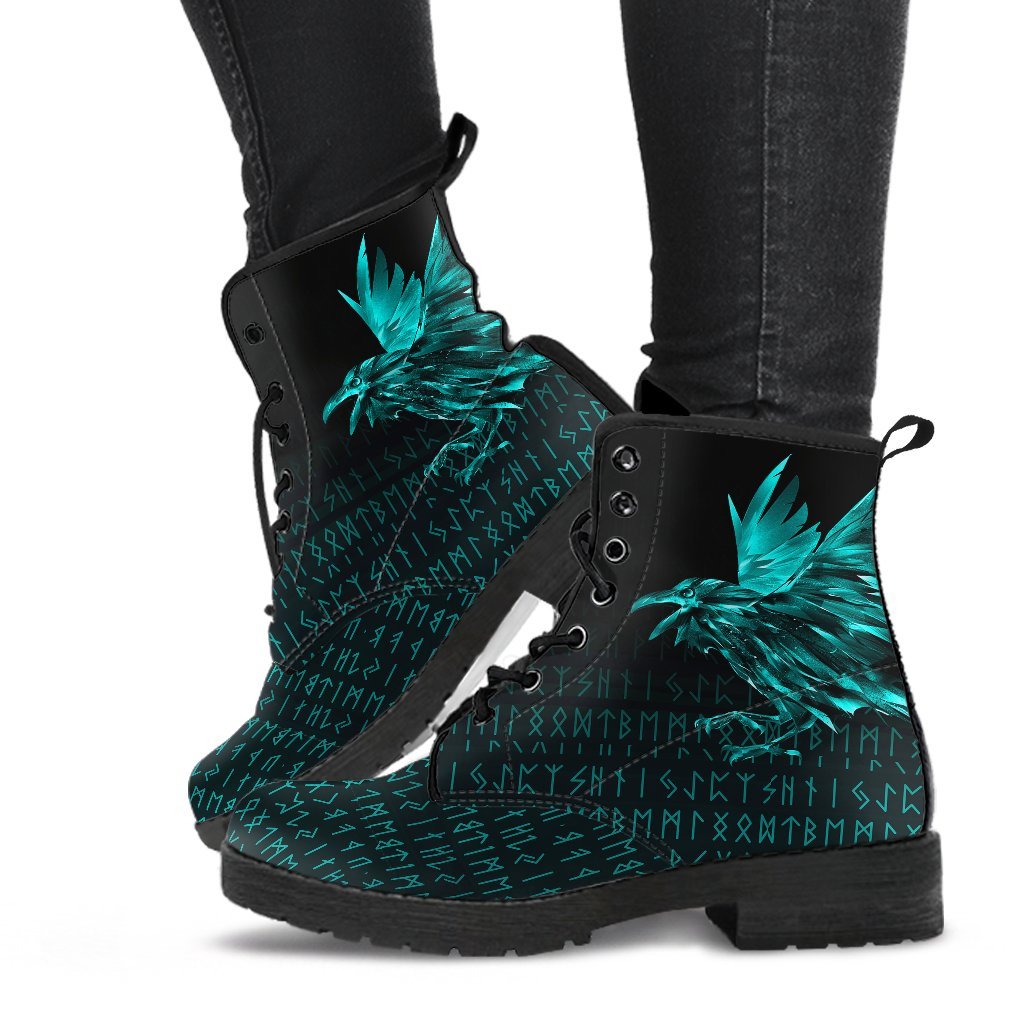 Viking Leather Boots The Raven Of Odin Rune Cyan RLT12