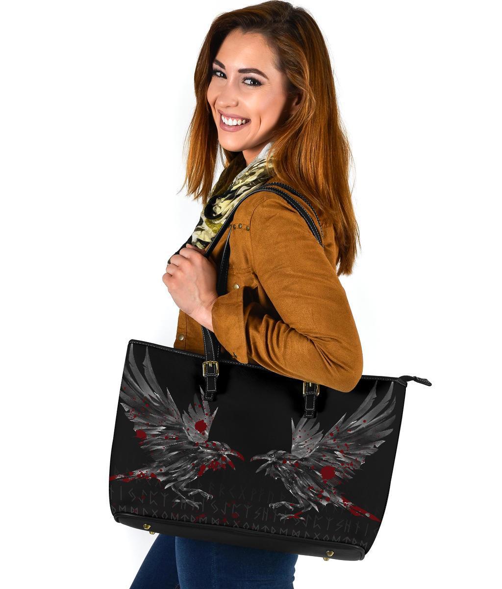 Viking Large Leather Tote Bag Odin Huginn and Muninn Rune Blood RLT12