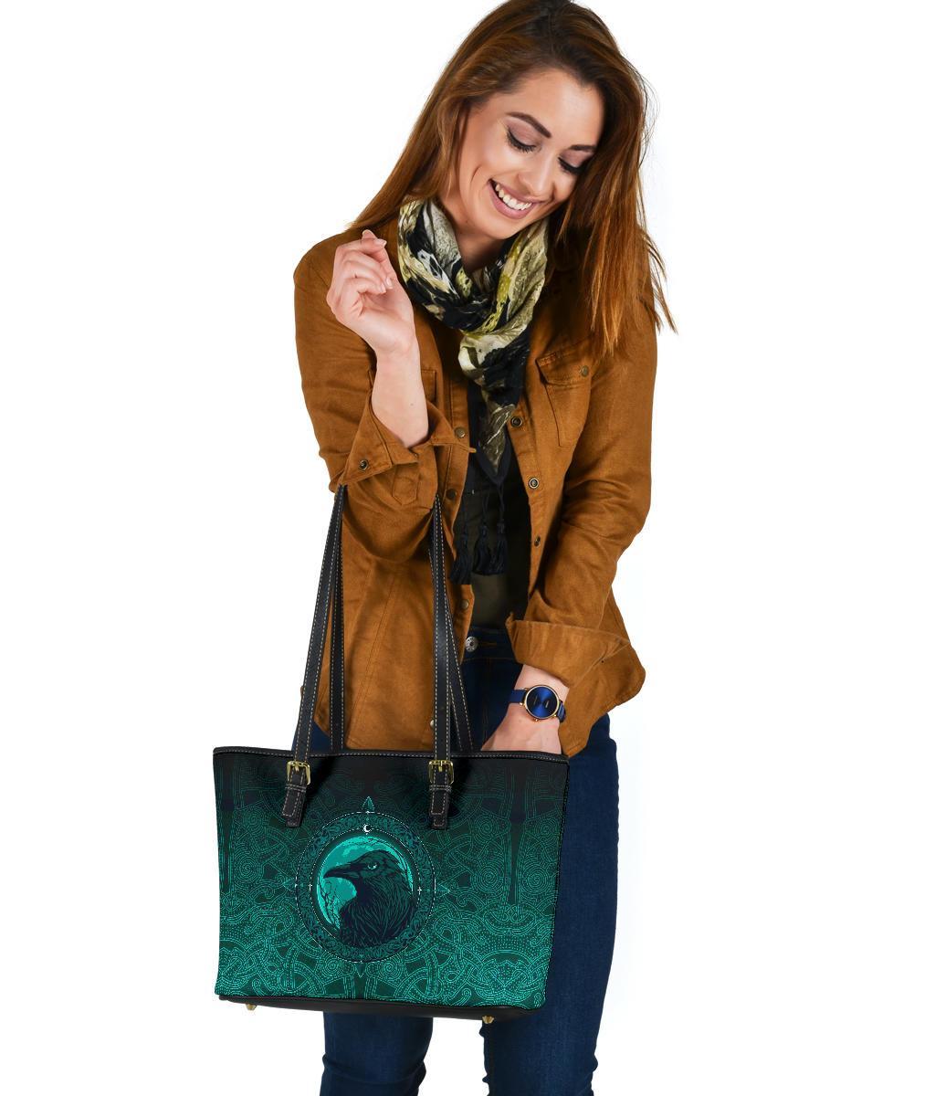 Viking Small Leather Tote Bag, Ethnic Odin Raven Cyan RLT12