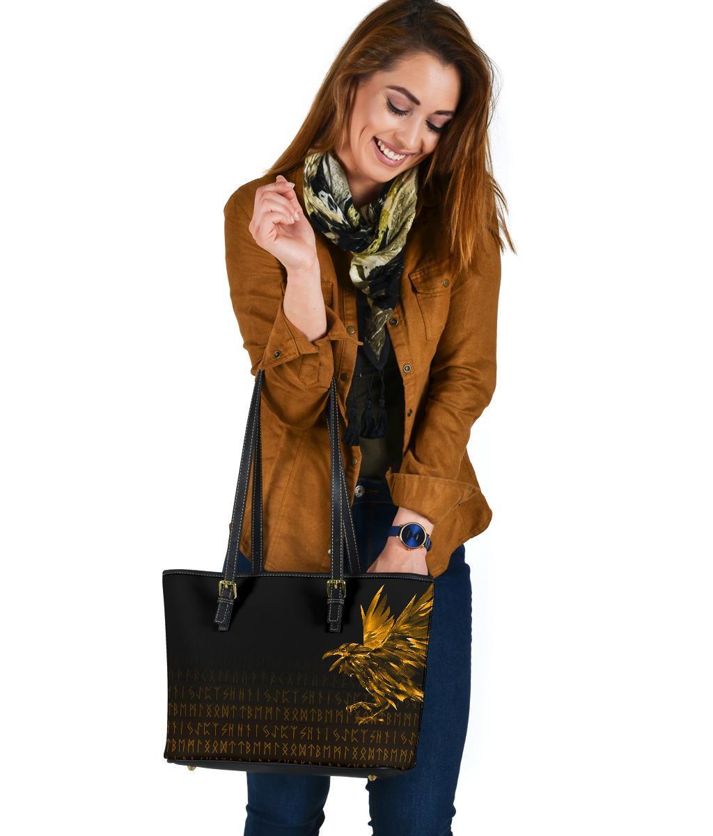 Viking Small Leather Tote Bag - The Raven Of Odin Rune, Gold RLT12