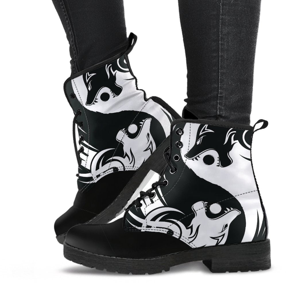Viking Bomber Leather Boots Ying Yang Wolf RLT12