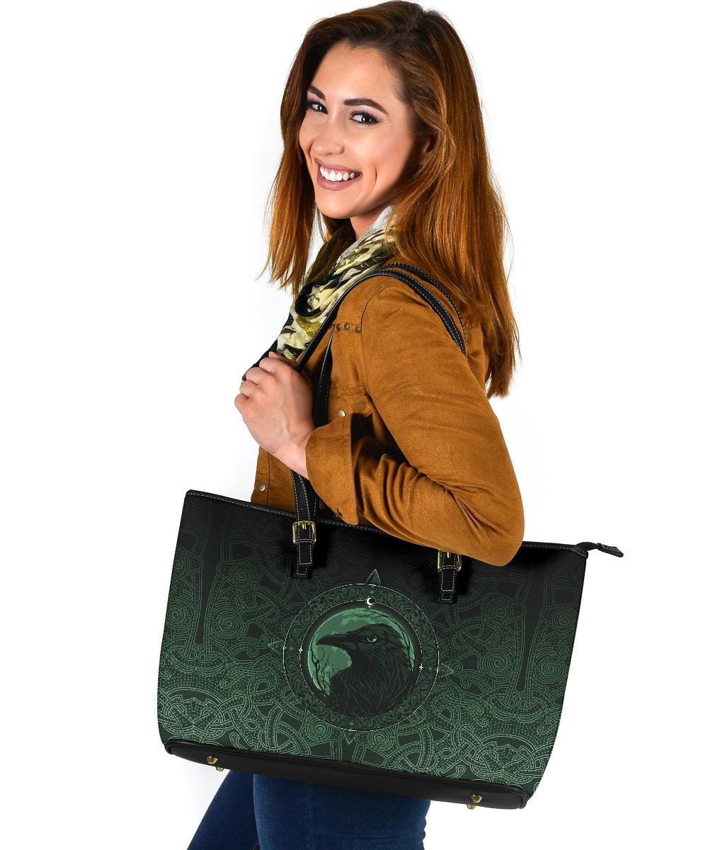 Viking Large Leather Tote Bag, Ethnic Odin Raven Green RLT12