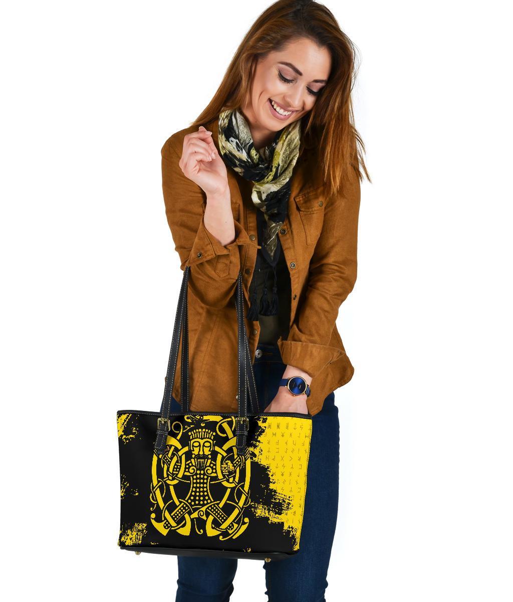Viking Small Leather Tote Bag, Loki Bound Triskele Rune Gold RLT12
