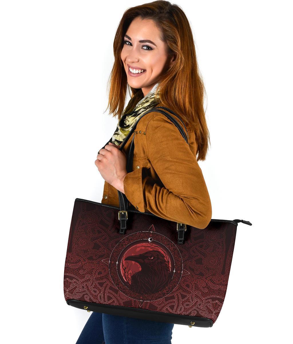 Viking Large Leather Tote Bag, Ethnic Odin Raven Red RLT12