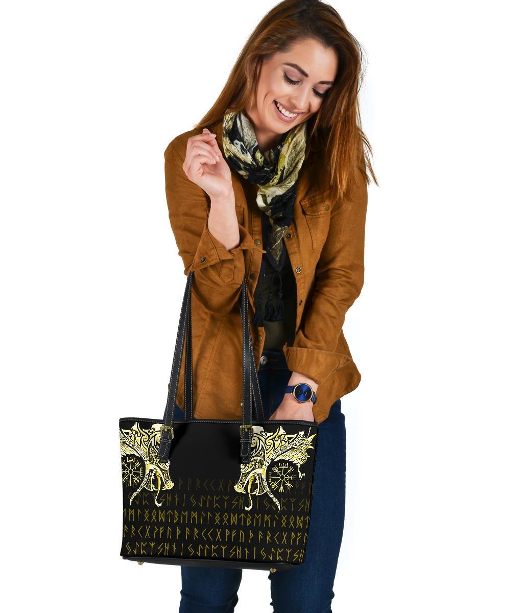 Viking Small Leather Tote, Fenrir Raven and Vegvisir Tattoo Yellow RLT12