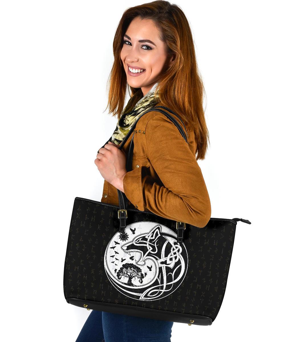 Viking Large Leather Tote Bag, Skoll and Hati Rune Tattoo RLT12