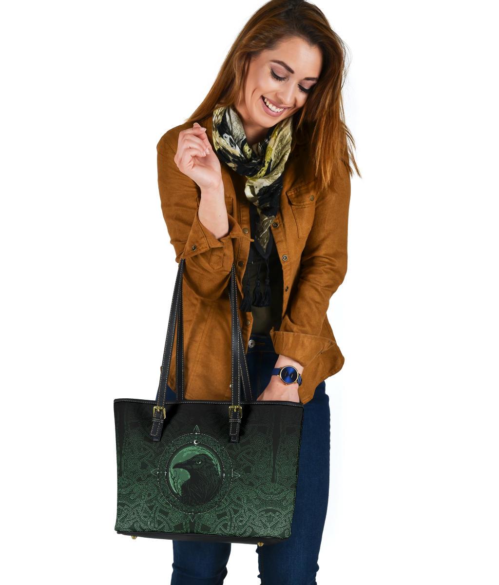 Viking Small Leather Tote Bag, Ethnic Odin Raven Green RLT12