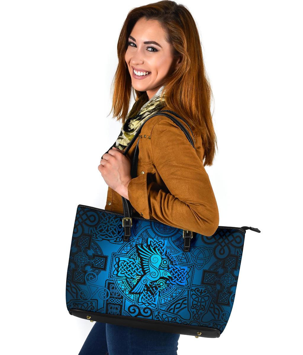 Viking Large Leather Tote Raven Odin Celtic Cyan RLT12