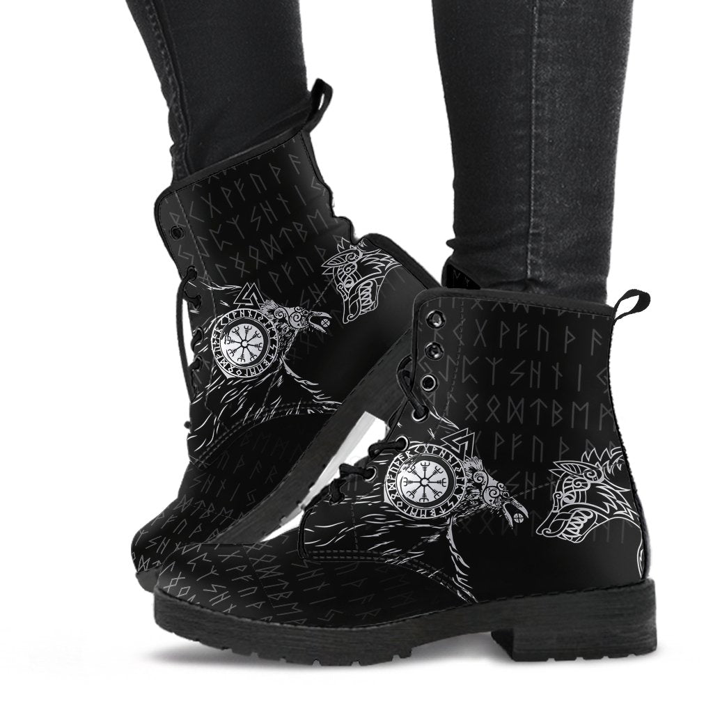 Viking Leather Boots Raven and Wolf Special Tattoo RLT12