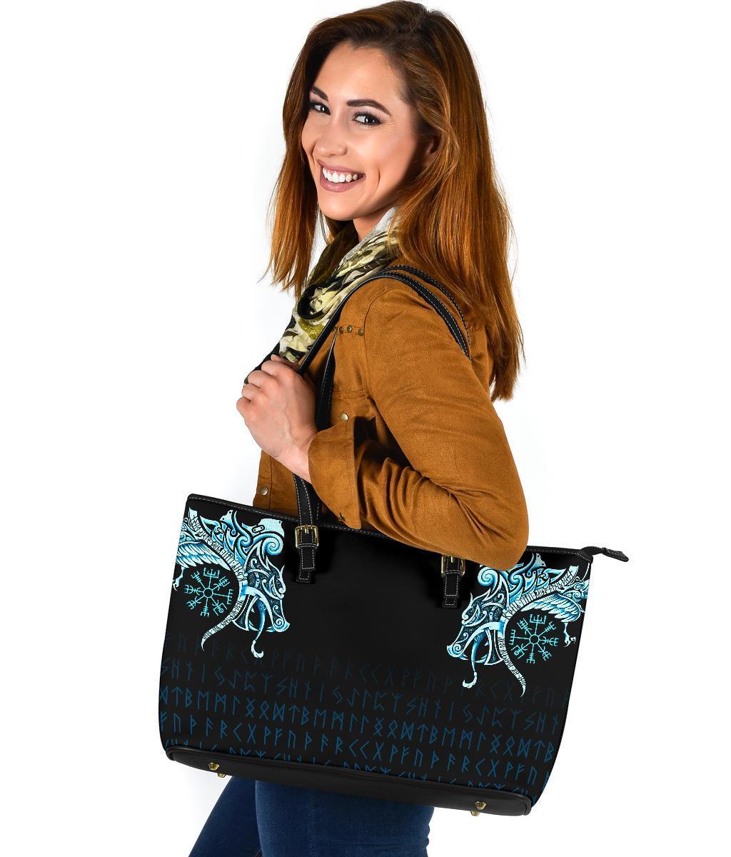 Viking Large Leather Tote, Fenrir Raven and Vegvisir Tattoo Cyan RLT12
