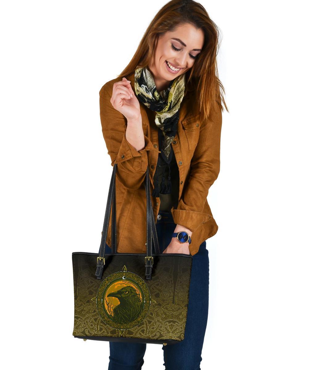Viking Small Leather Tote Bag, Ethnic Odin Raven Gold RLT12