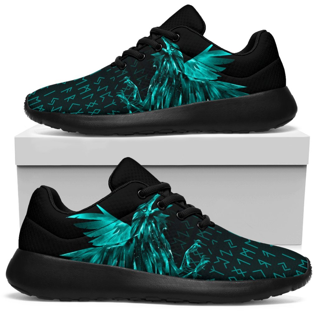 Viking Sporty Sneakers - The Raven Of Odin Rune Cyan RLT12